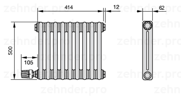 Схема (чертеж) Радиатор Zehnder Charleston 2050/9 №V003 Белый глянцевый RAL 9016
